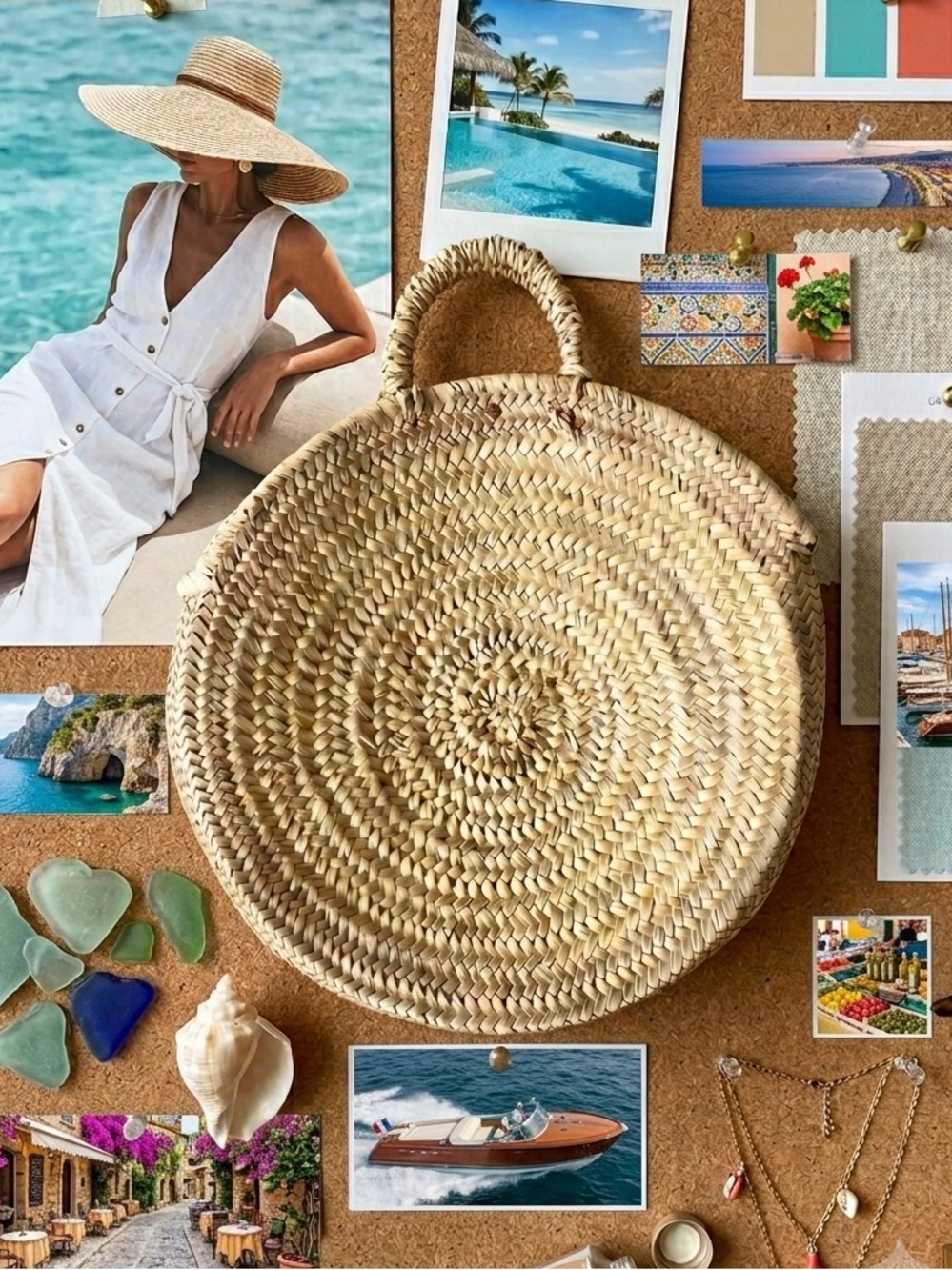 Round Woven Tote Bag in Natural Beige